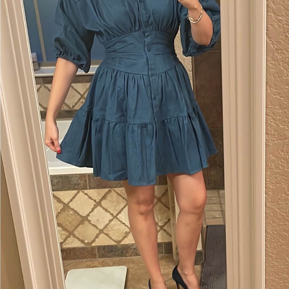 Petal & Pup Teal Puff-Sleeve Tiered Mini Dress